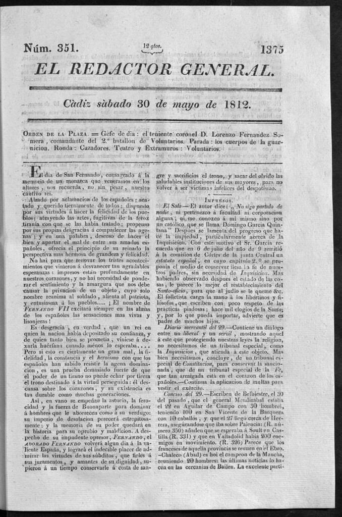 Miniatura de Redactor General del sábado 30 de mayo 1812