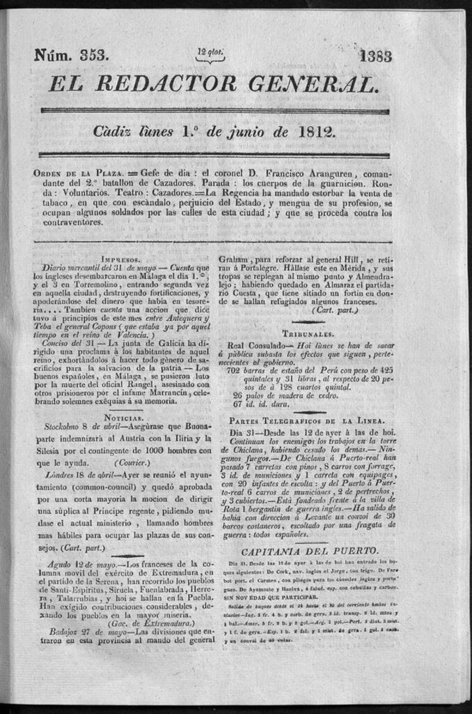 Miniatura de Redactor General del lunes 1 de junio 1812