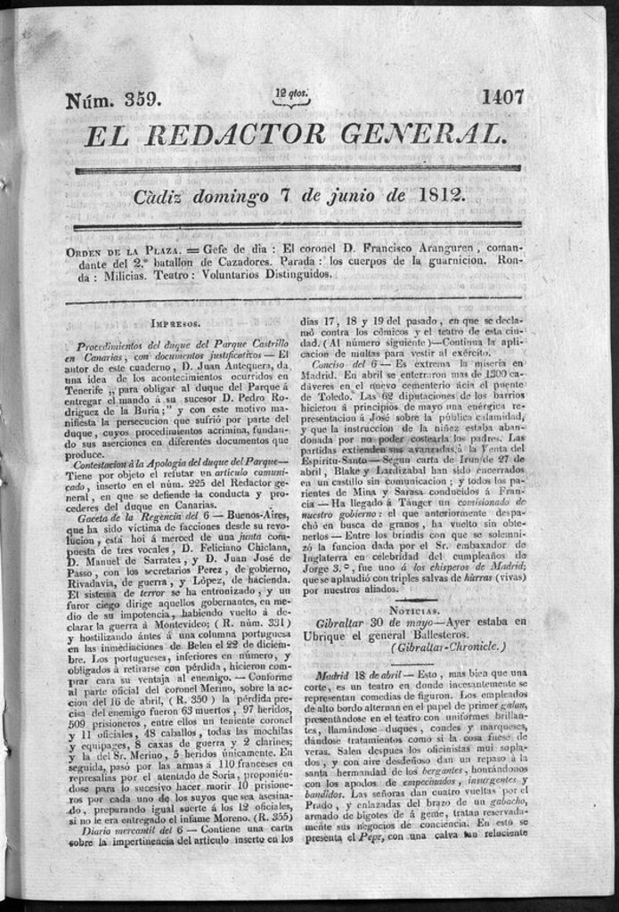 Miniatura de Redactor General del domingo 7 de junio 1812
