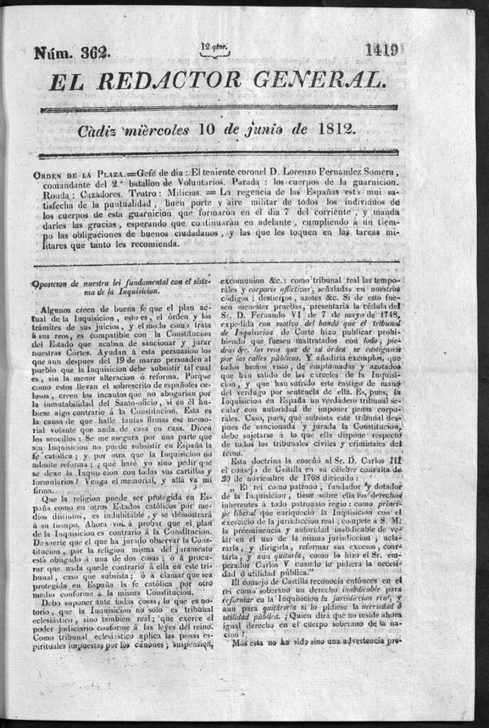 Miniatura de Redactor General del miércoles 10 de junio 1812