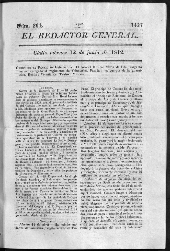 Miniatura de Redactor General del viernes 12 de junio 1812