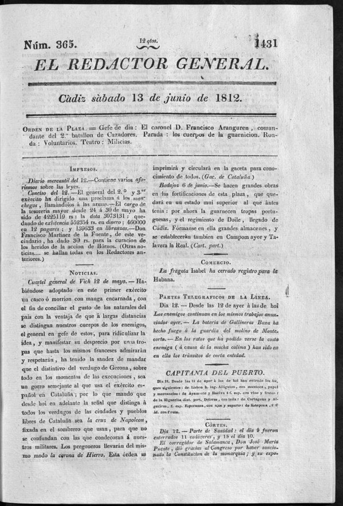 Miniatura de Redactor General del sábado 13 de junio 1812