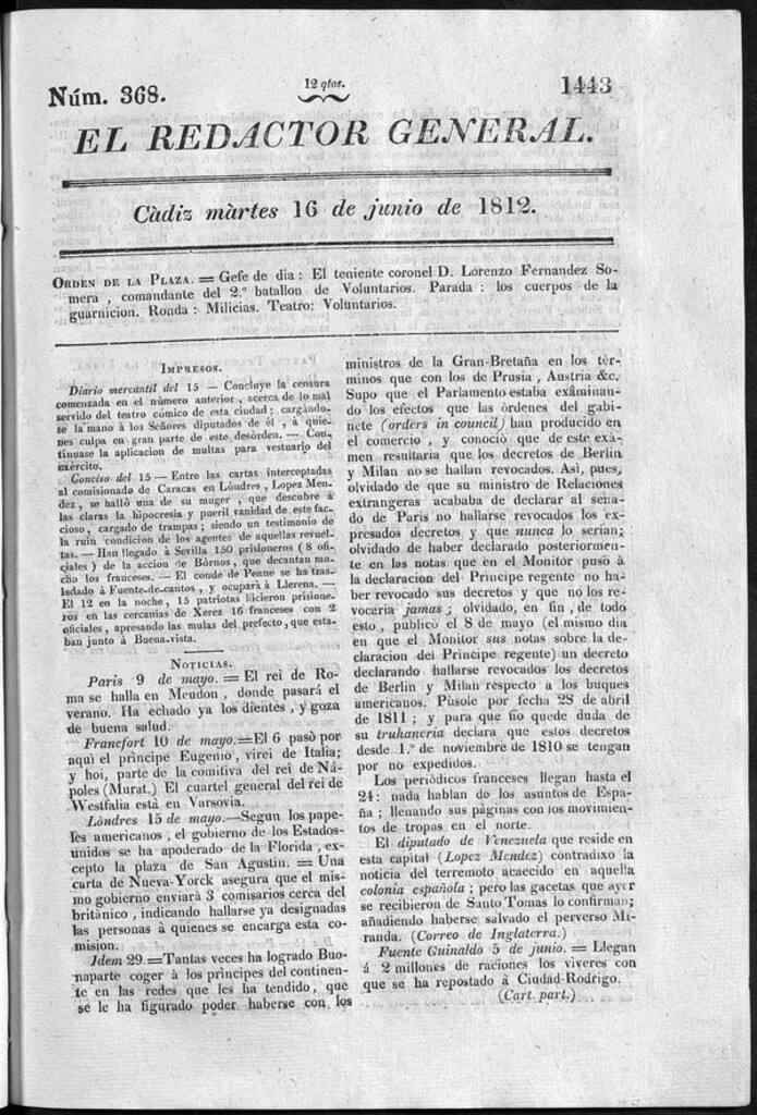 Miniatura de Redactor General del martes 16 de junio 1812