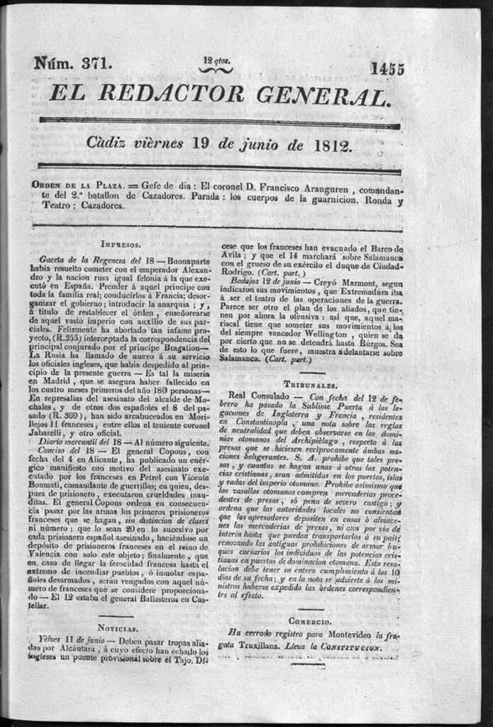 Miniatura de Redactor General del viernes 19 de junio 1812