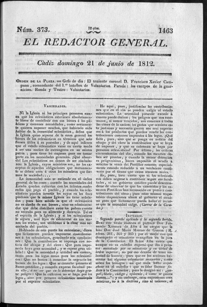 Miniatura de Redactor General del domingo 21 de junio 1812