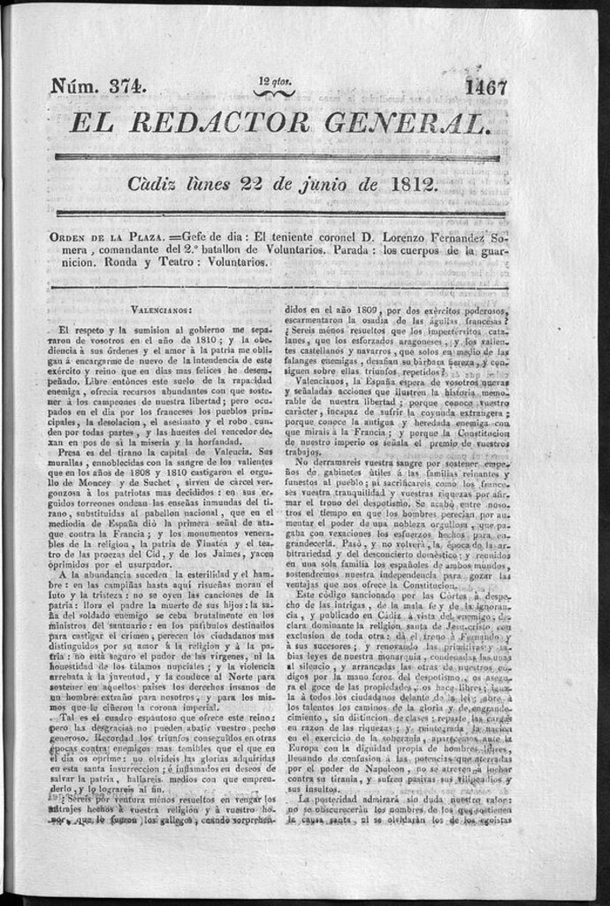 Miniatura de Redactor General del lunes 22 de junio 1812