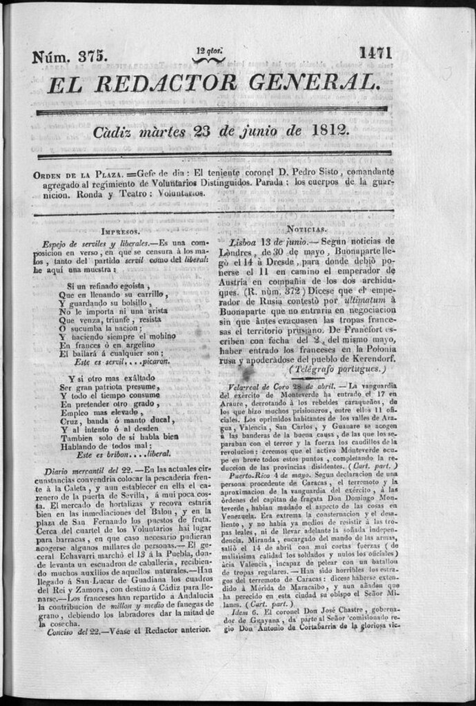 Miniatura de Redactor General del martes 23 de junio 1812