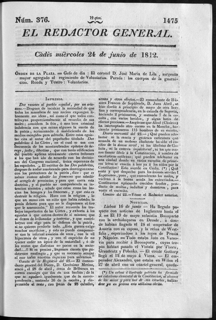 Miniatura de Redactor General del miércoles 24 de junio 1812