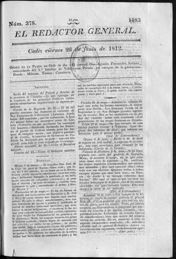 Miniatura de Redactor General del viernes 26 de junio 1812