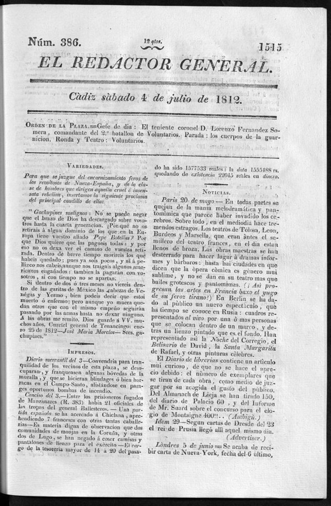 Miniatura de Redactor General del sábado 4 de julio 1812