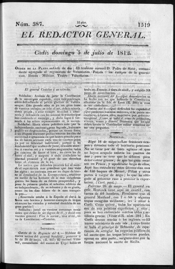 Miniatura de Redactor General del domingo 5 de julio 1812