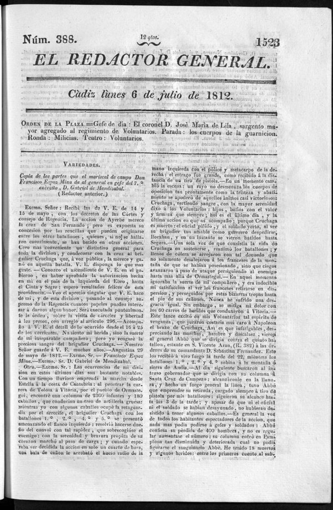 Miniatura de Redactor General del lunes 6 de julio 1812