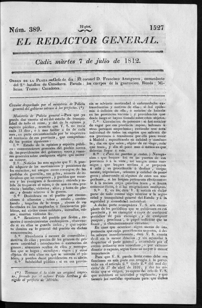 Miniatura de Redactor General del martes 7 de julio 1812