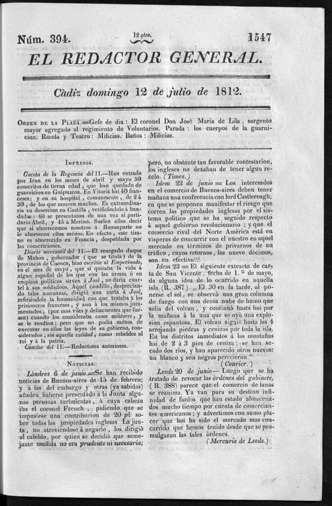 Miniatura de Redactor General del domingo 12 de julio 1812
