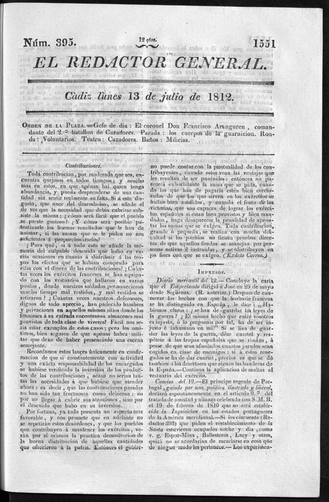 Miniatura de Redactor General del lunes 13 de julio 1812