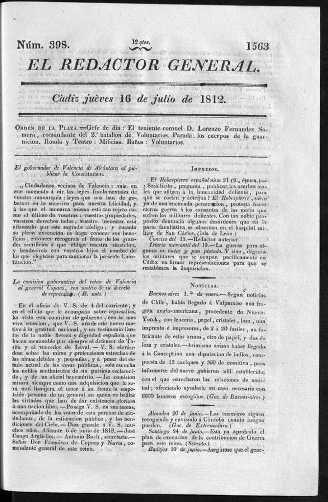 Miniatura de Redactor General del jueves 16 de julio 1812