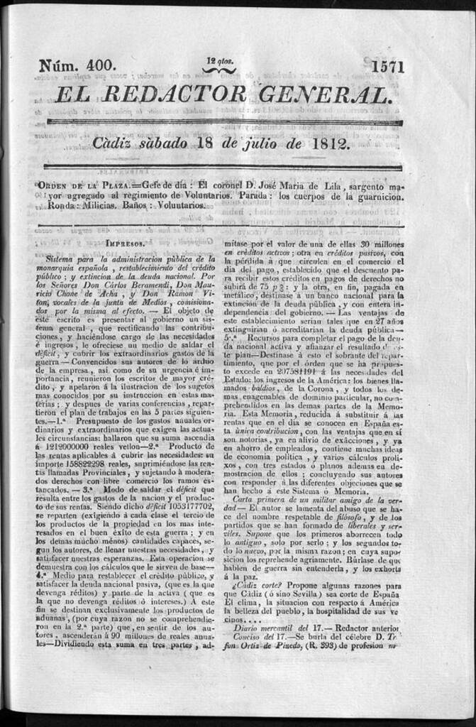 Miniatura de Redactor General del sábado 18 de julio 1812