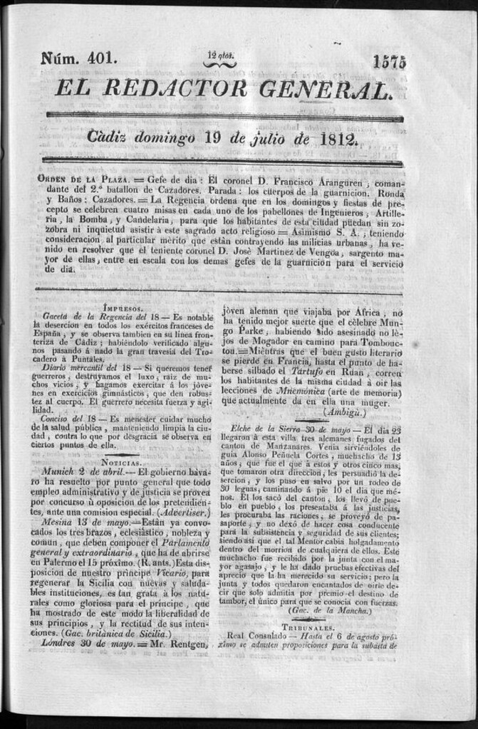 Miniatura de Redactor General del domingo 19 de julio 1812