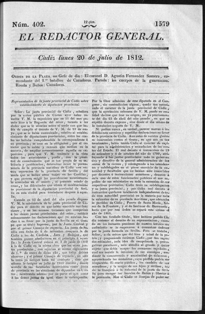 Miniatura de Redactor General del lunes 20 de julio 1812