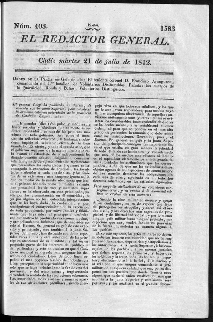 Miniatura de Redactor General del martes 21 de julio 1812