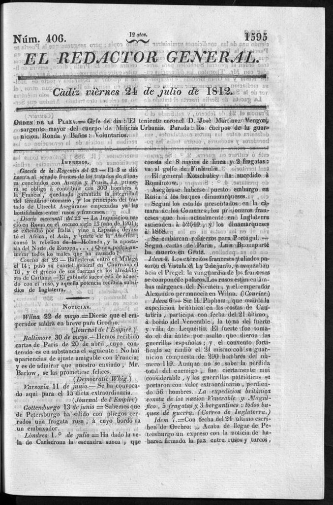 Miniatura de Redactor General del viernes 24 de julio 1812