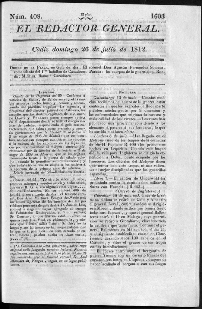 Miniatura de Redactor General del domingo 26 de julio 1812