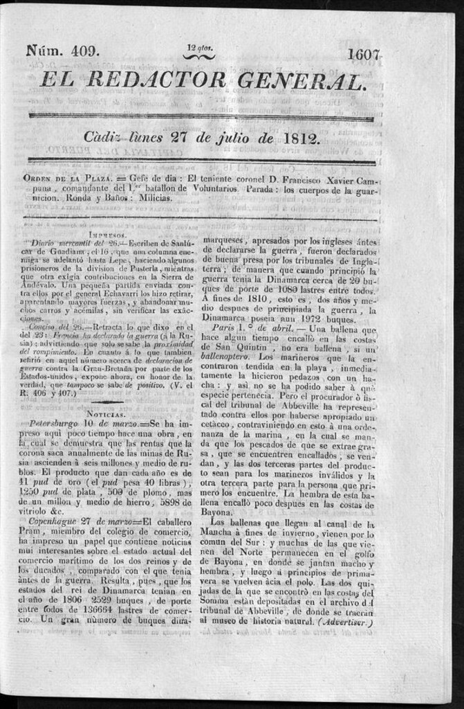 Miniatura de Redactor General del lunes 27 de julio 1812