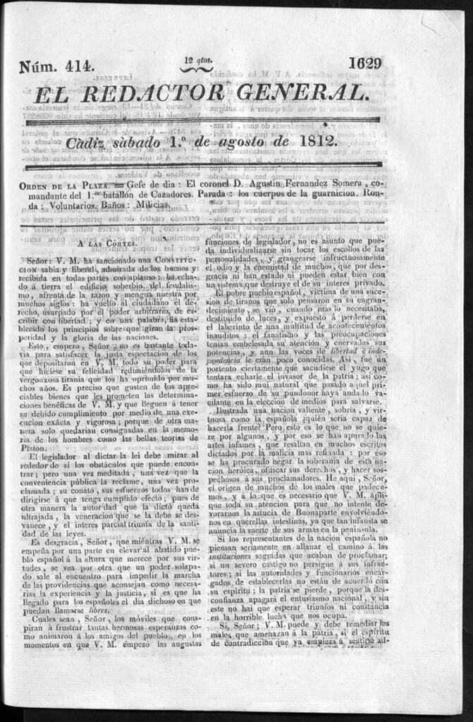 Miniatura de Redactor General del sábado 1 de agosto 1812