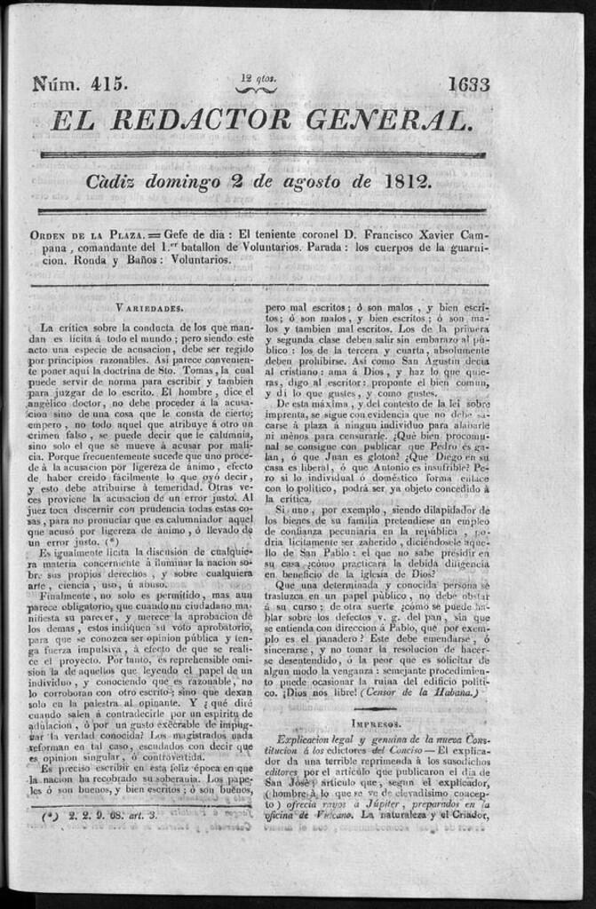 Miniatura de Redactor General del domingo 2 de agosto 1812