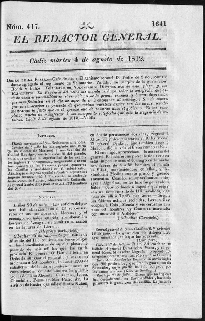 Miniatura de Redactor General del martes 4 agosto de 1812