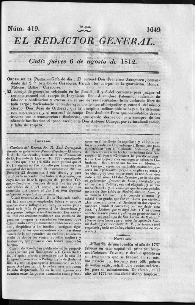 Miniatura de Redactor General del jueves 6 agosto de 1812