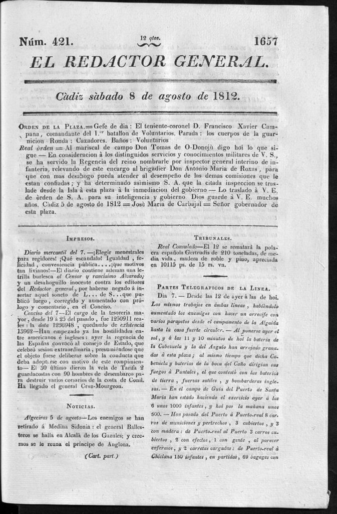 Miniatura de Redactor General del sábado 8 agosto de 1812