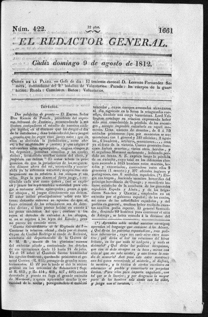 Miniatura de Redactor General del domingo 9 agosto de 1812