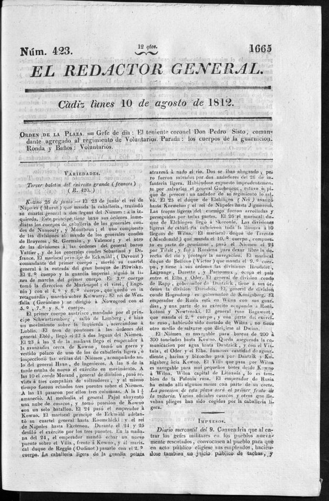 Miniatura de Redactor General del lunes 10 agosto de 1812