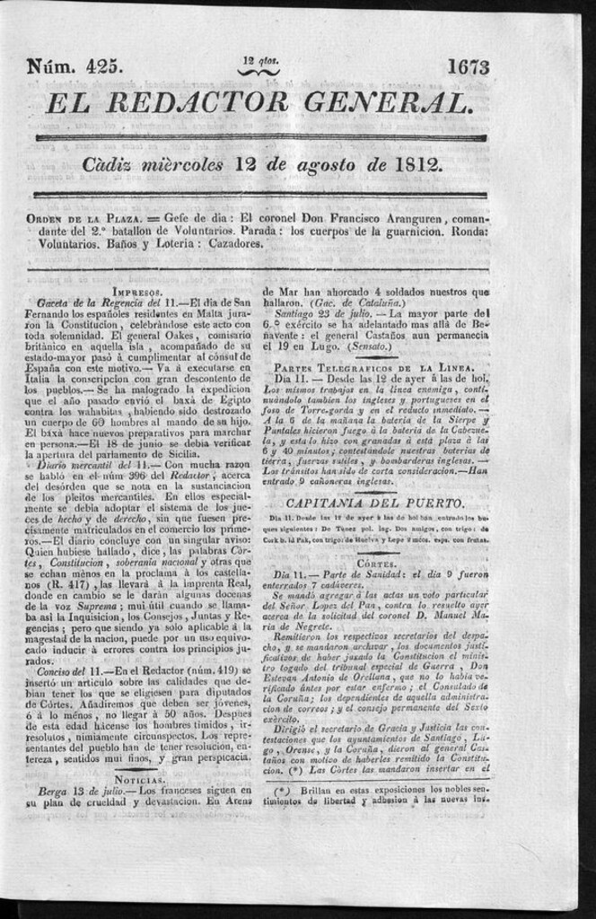 Miniatura de Redactor General del miércoles 12 agosto de 1812