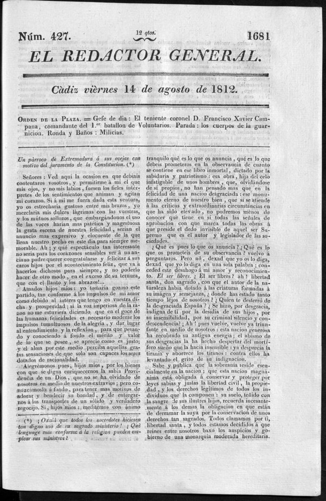 Miniatura de Redactor General del viernes 14 de agosto de 1812