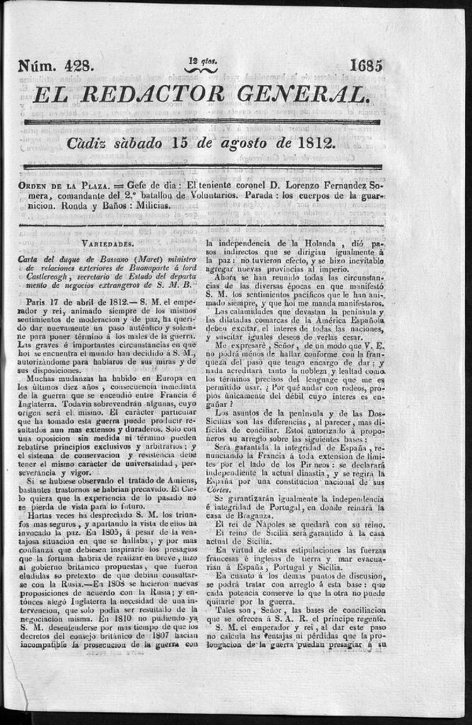 Miniatura de Redactor General del sábado 15 de agosto de 1812