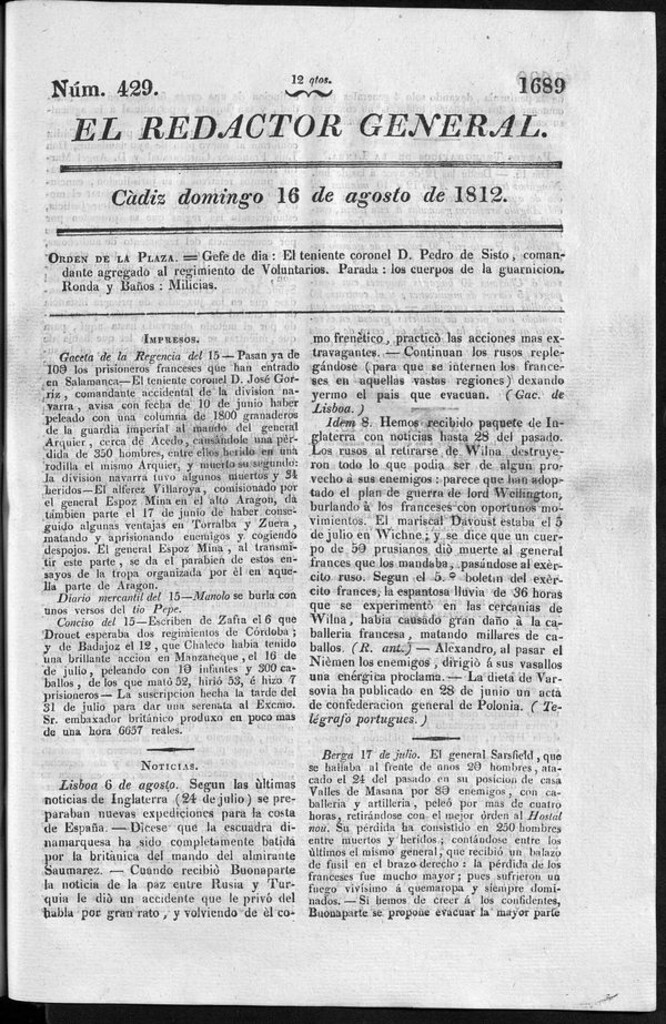 Miniatura de Redactor General del domingo 16 de agosto de 1812