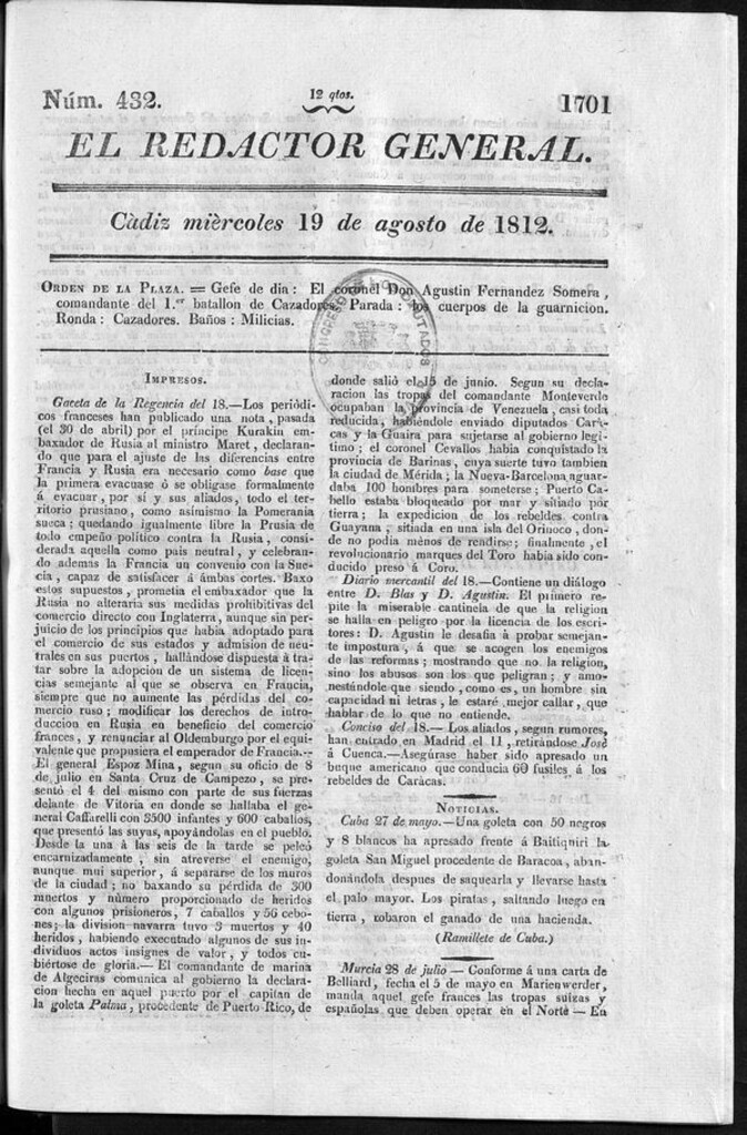 Miniatura de Redactor General del miércoles 19 de agosto de 1812