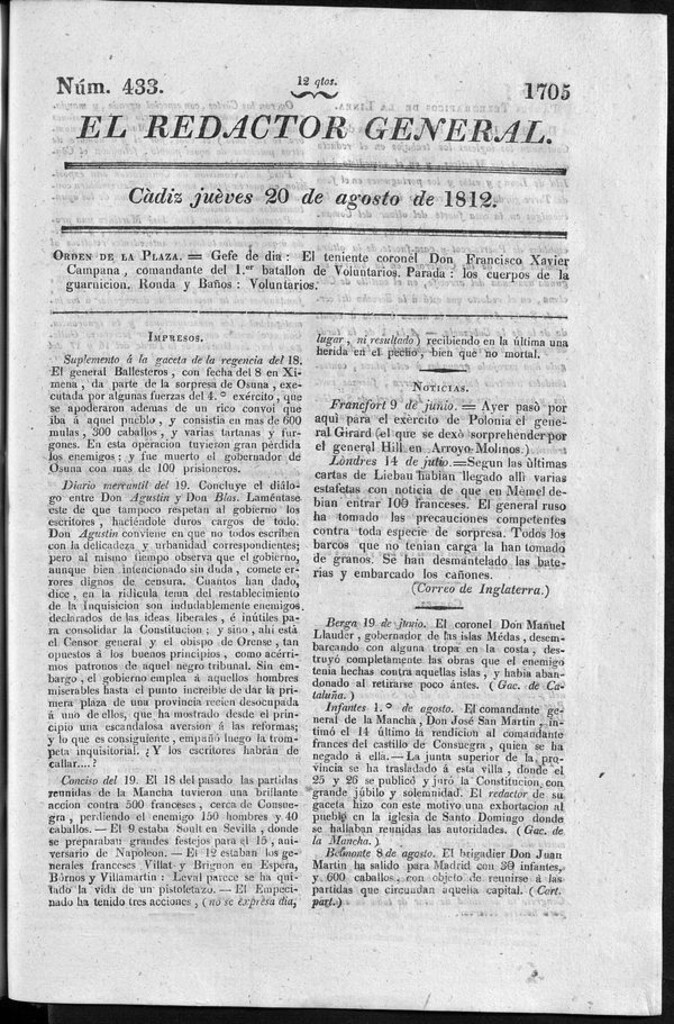 Miniatura de Redactor General del jueves 20 de agosto de 1812