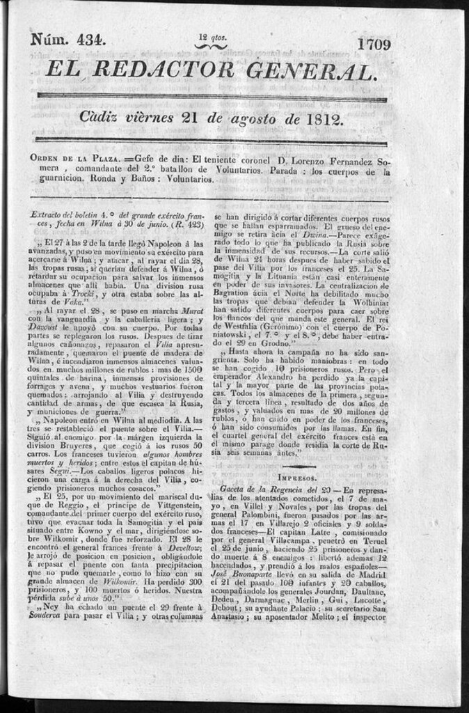 Miniatura de Redactor General del viernes 21 de agosto de 1812