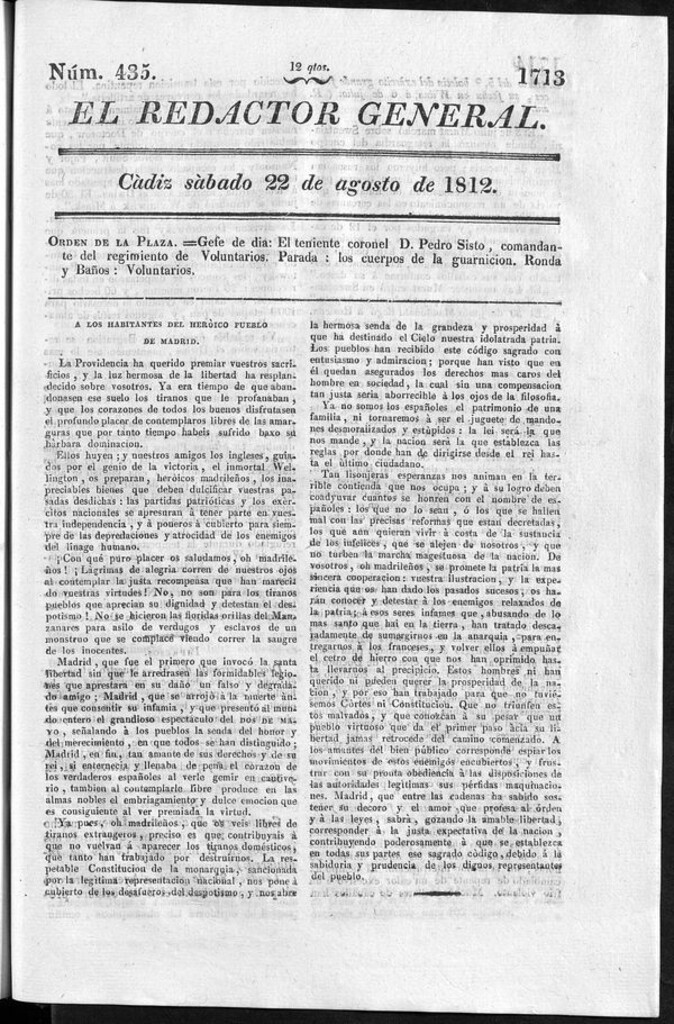 Miniatura de Redactor General del sábado 22 de agosto de 1812