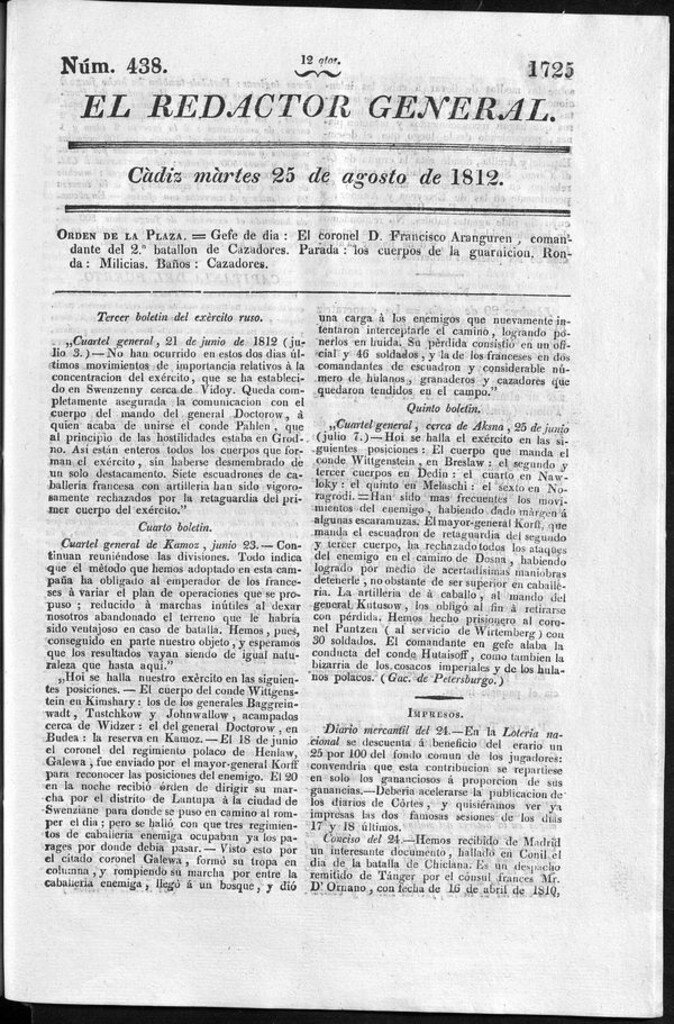 Miniatura de Redactor General del martes 25 de agosto de 1812