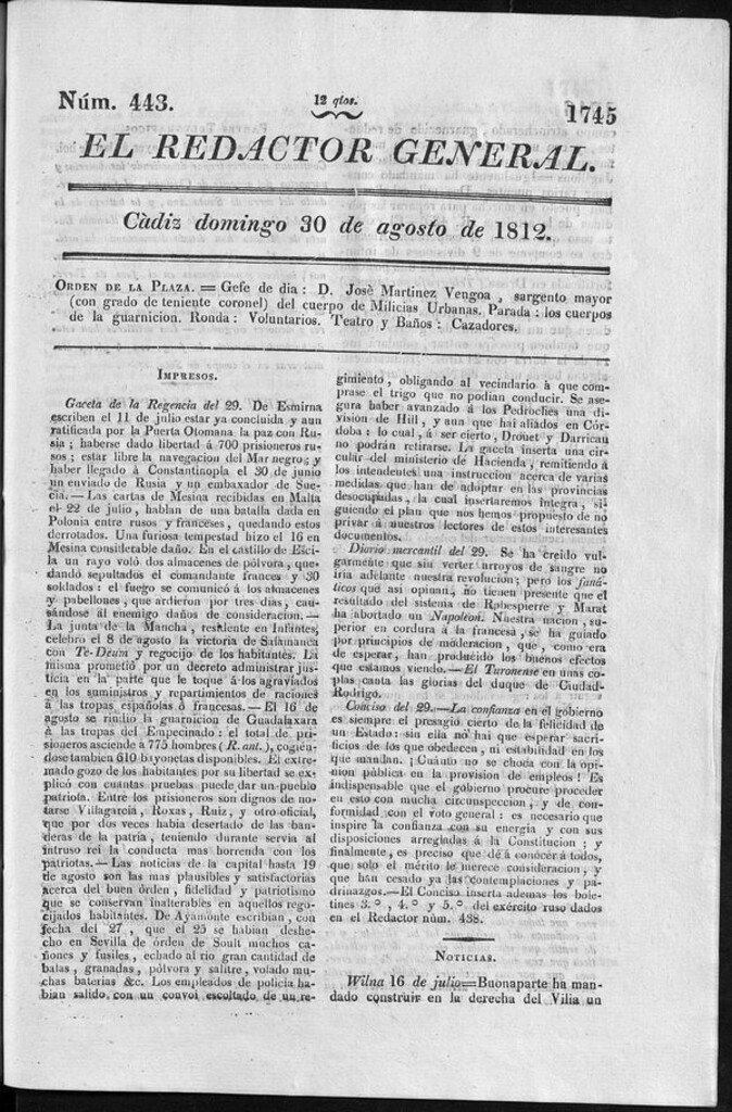 Miniatura de Redactor General del domingo 30 de agosto de 1812