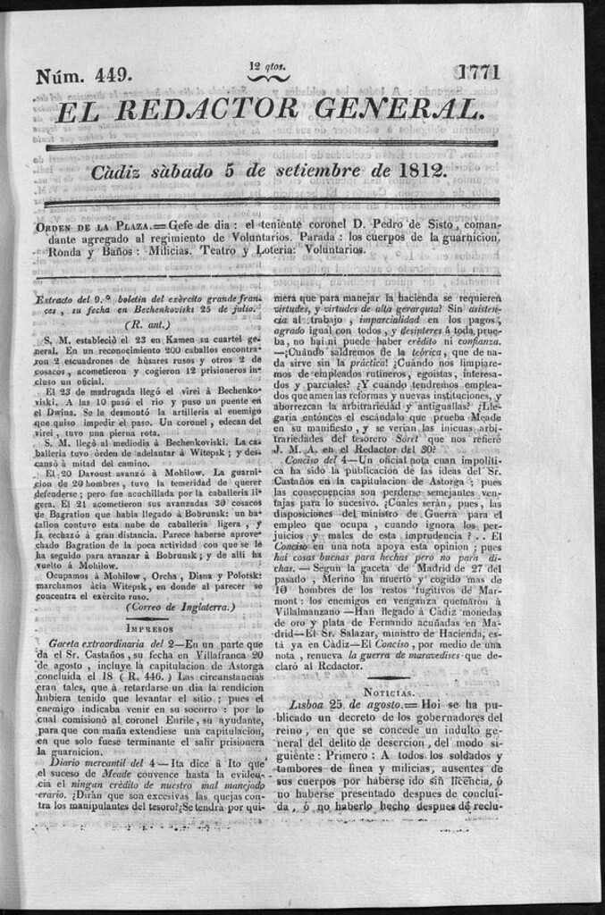 Miniatura de Redactor General del sábado 5 de septiembre de 1812