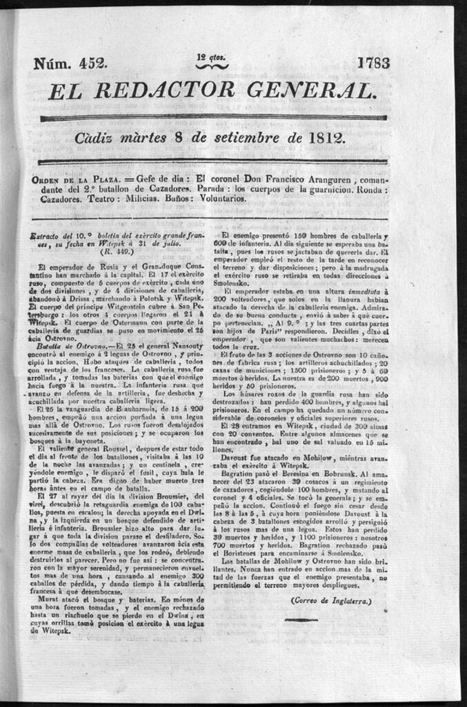 Miniatura de Redactor General del martes 8 de septiembre de 1812