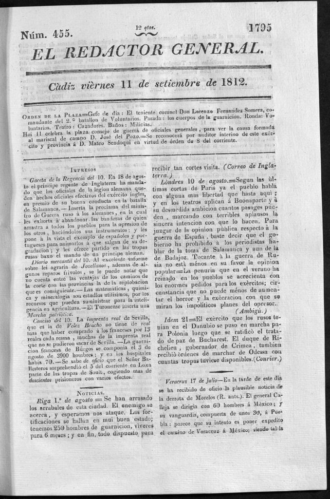 Miniatura de Redactor General del viernes 11 de septiembre de 1812