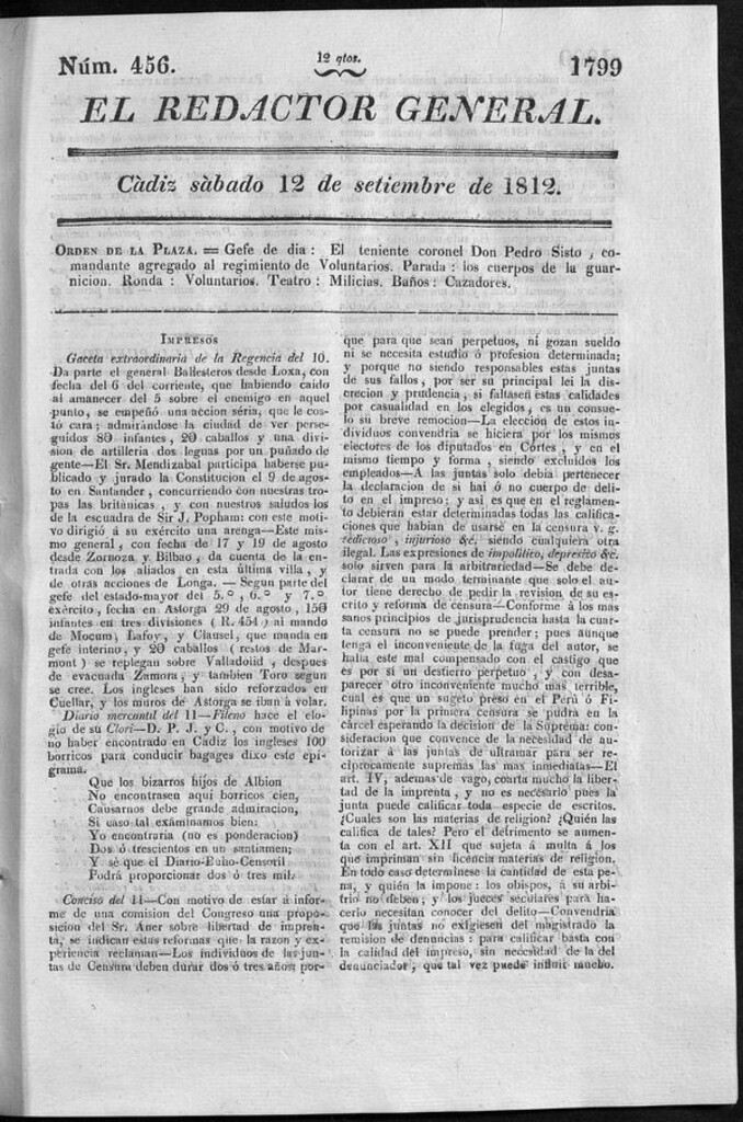 Miniatura de Redactor General del sábado 12 de septiembre de 1812