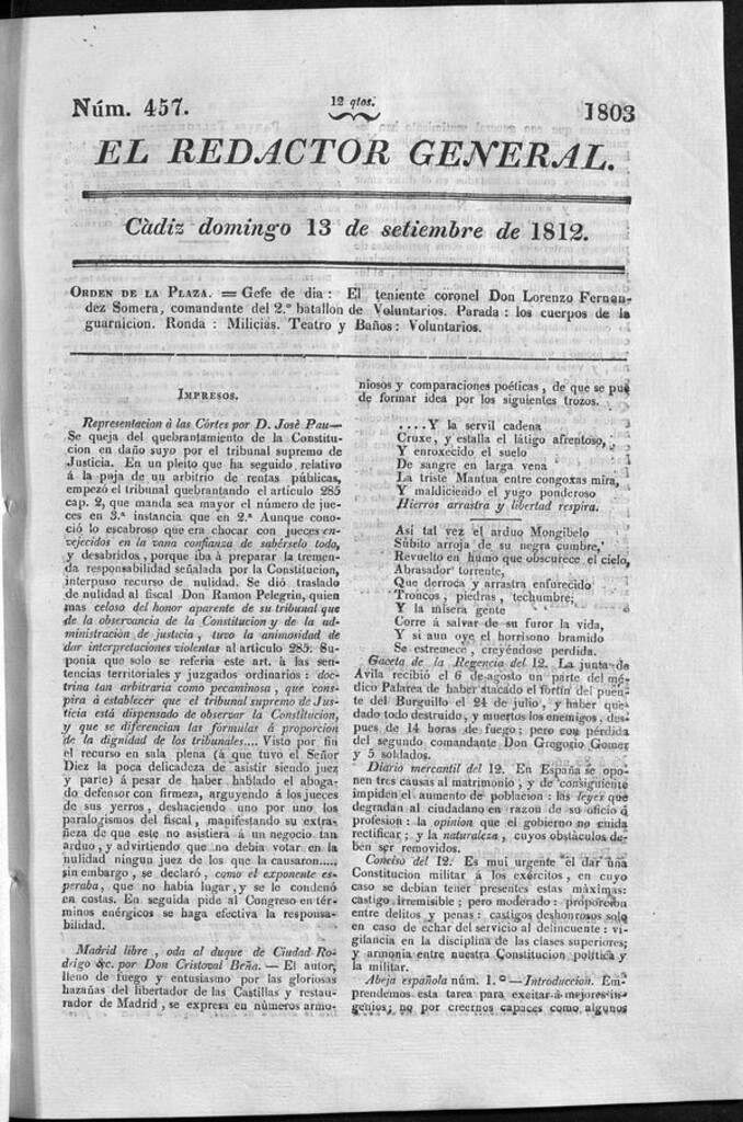 Miniatura de Redactor General del domingo 13 de septiembre de 1812