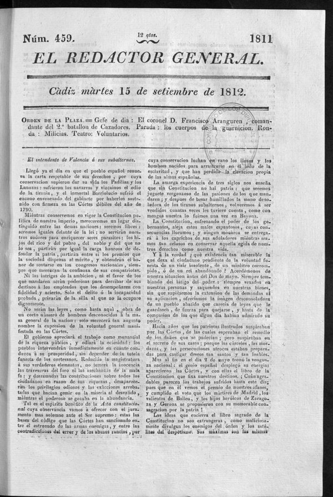 Miniatura de Redactor General del martes 15 de septiembre de 1812